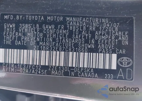 2007 Toyota Corolla S from USA, damaged, VIN 2T1BR32E87C831660